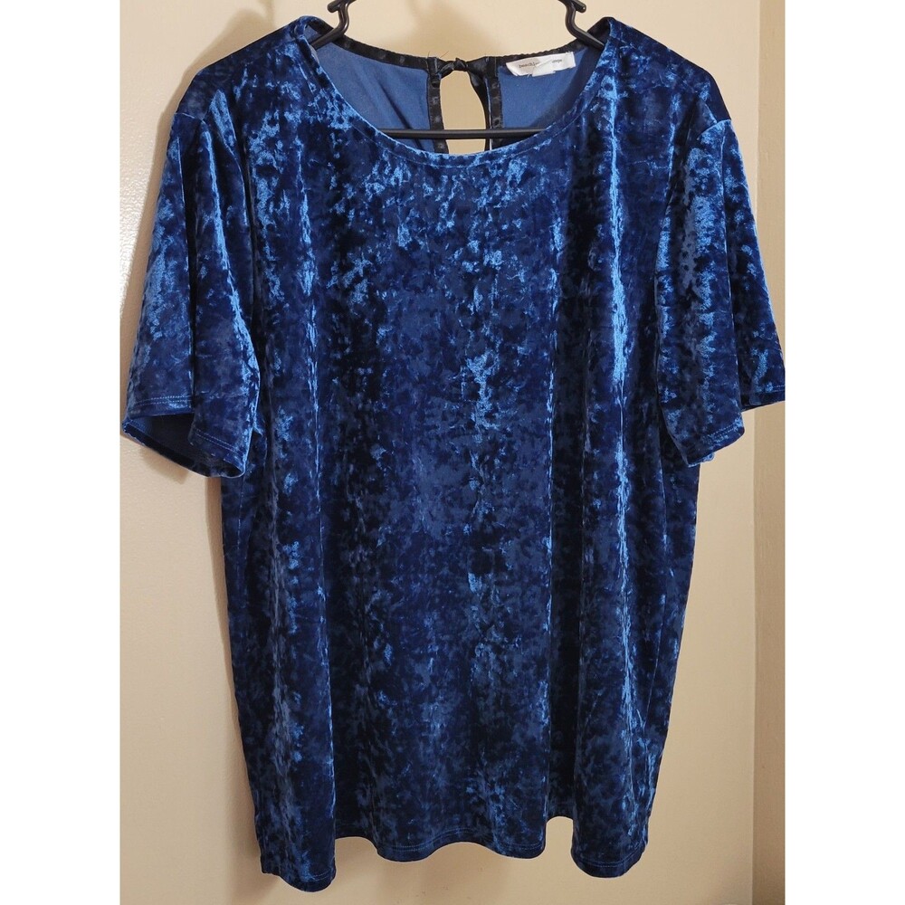 Beach Lunch Lounge Blue Crushed Velvet Top Blouse XL Short Sleeve Ribbon Tie
